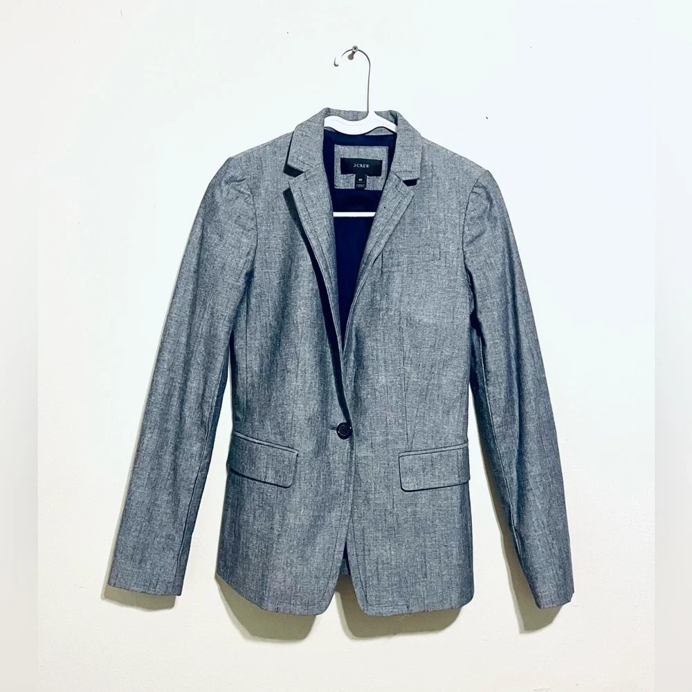 NWOT J.‎ Crew Blazer 100% Cotton Structured Chambray Like Material Grey Blue 00